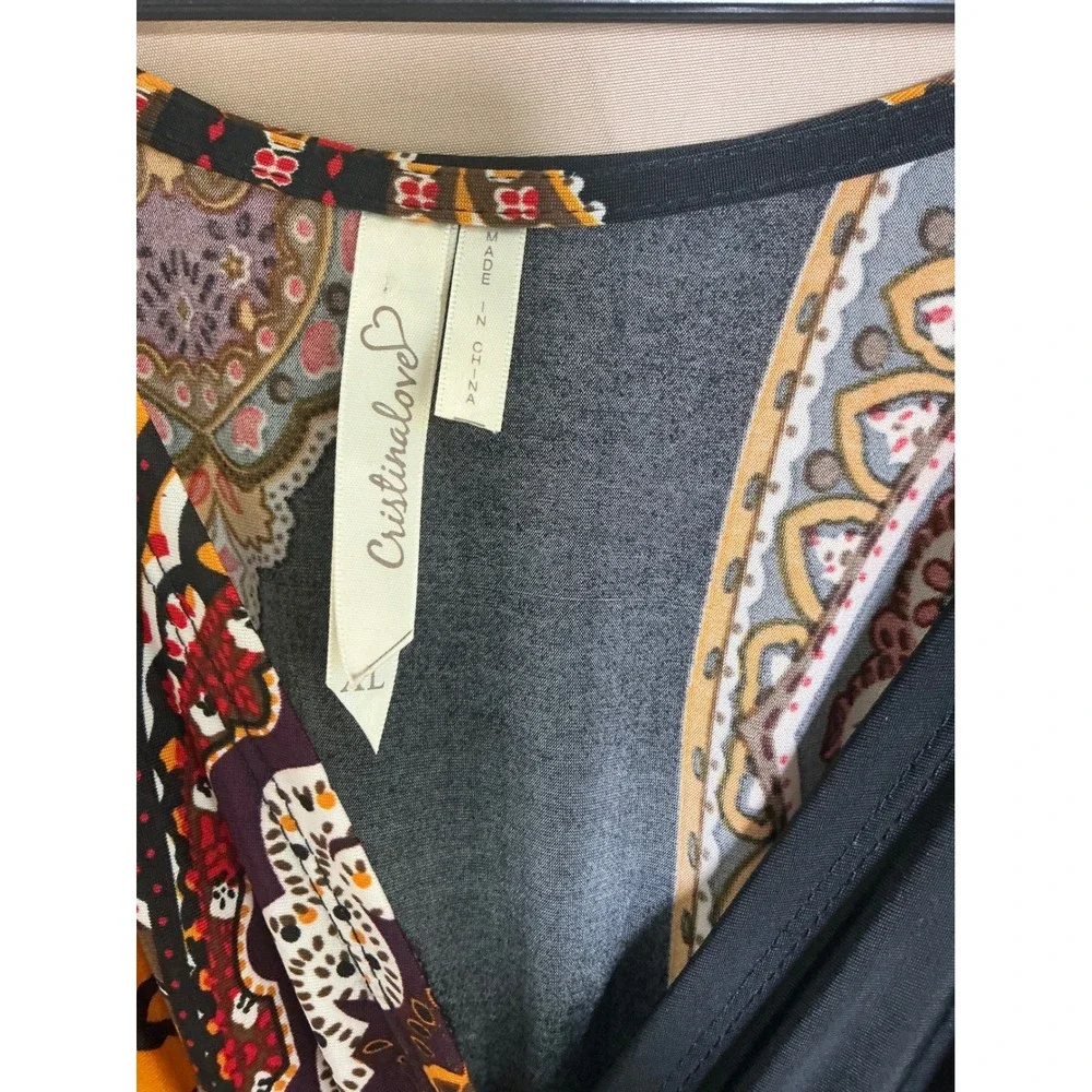 Cristina Love Paisley Empire Waist Dress Womens XL Black Red Excellent Boho Midi - Picture 7 of 12